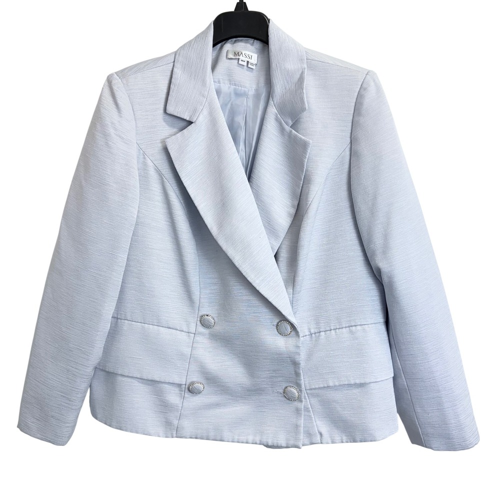 Massi Women Light Blue Textured Double Breasted Blazer Rhinestone Button 16W